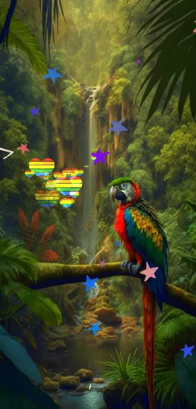 Colorful parrot in lush jungle with waterfall backdrop.