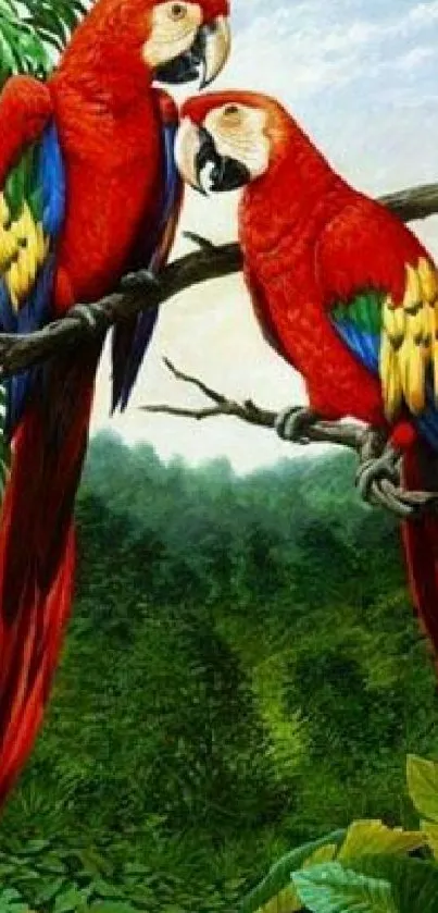 Two vibrant red parrots perched in a lush green jungle setting.