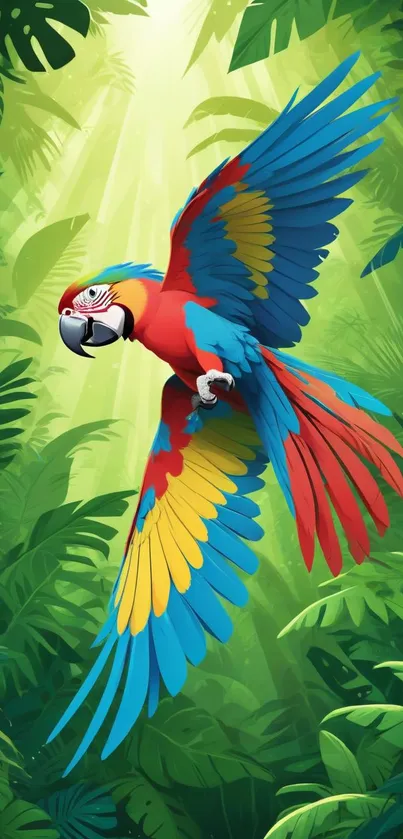 Vibrant parrot with colorful feathers in a lush jungle backdrop.