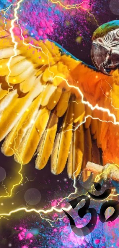 Vibrant parrot with lightning and Om symbol on a mobile wallpaper.