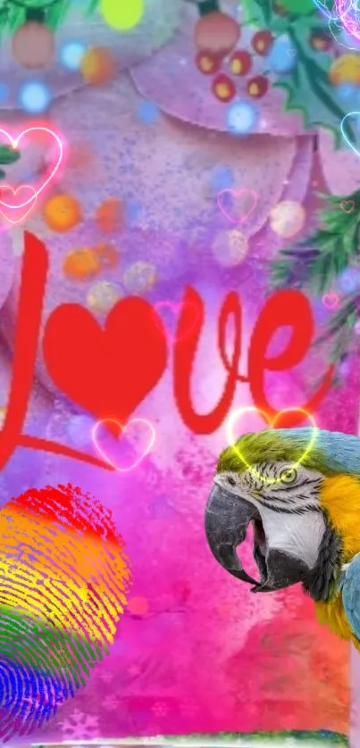 Vibrant mobile wallpaper with parrot and love theme.