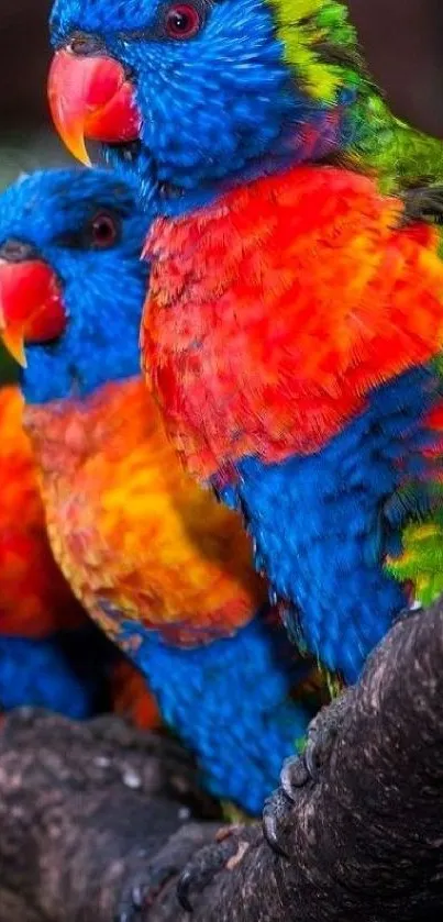 Vibrant and colorful parrots perched on a branch.
