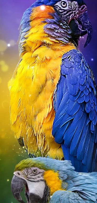 Colorful blue and yellow parrots wallpaper.