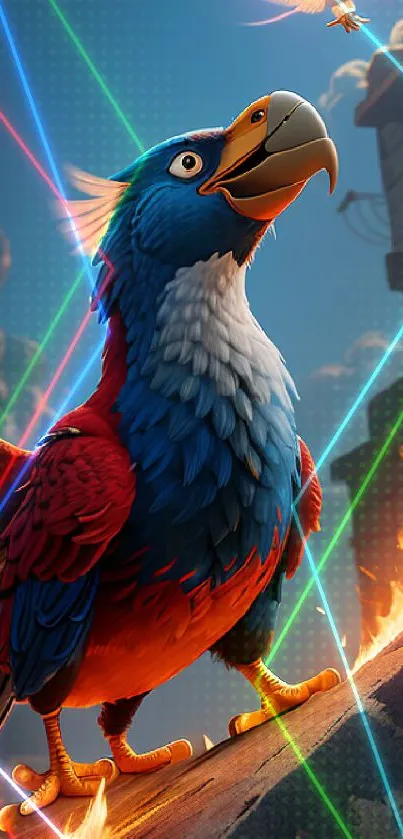 Vibrant parrot on fiery backdrop mobile wallpaper.