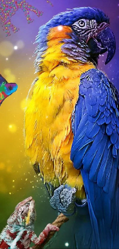 Colorful parrot in vibrant wallpaper design.