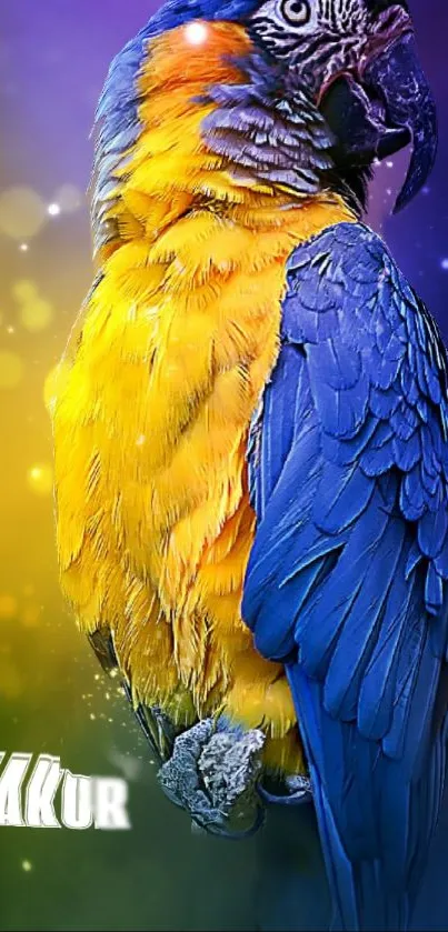 Vibrant blue and yellow parrot with fantasy background