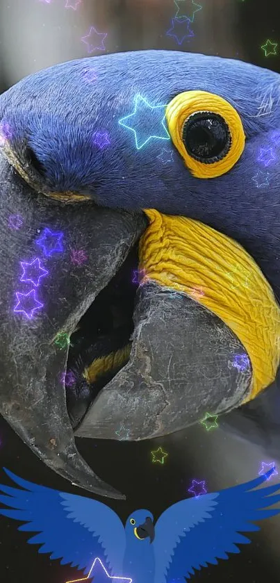 Hyacinth Macaw with vibrant blue feathers and yellow accents in a natural setting.