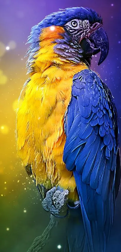 Vivid parrot with blue and yellow feathers on mystical background.