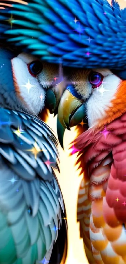 Vibrant mobile wallpaper featuring two colorful parrots in a close embrace.