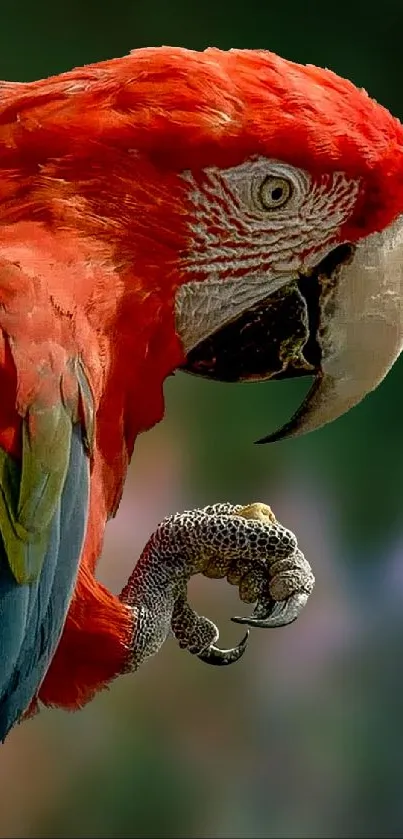 Vibrant red, green, and blue parrot with soft blurred background.