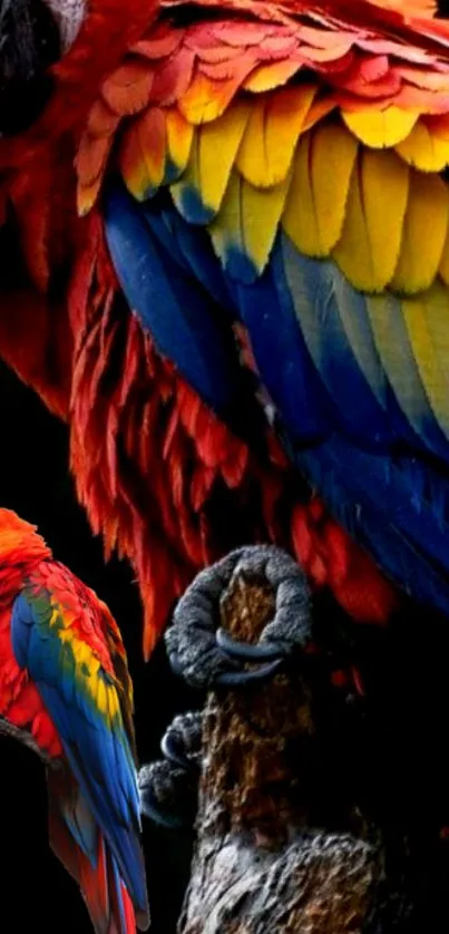 Vibrant red, yellow, and blue parrot perched, showcasing colorful feathers.