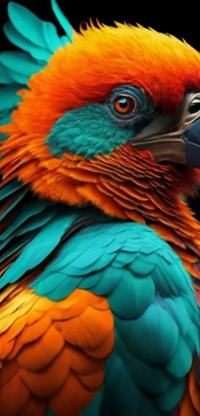 Vibrant parrot with orange and turquoise feathers on a black background.