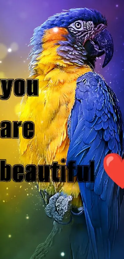 Vibrant parrot with motivational quote and heart graphic.