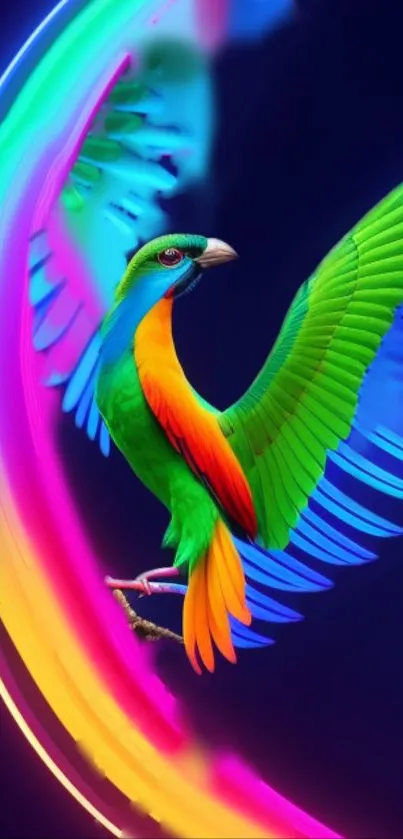 Colorful neon parrot with vibrant feathers against a glowing backdrop.