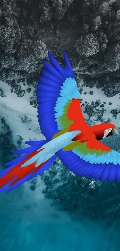 Colorful parrot flying over the ocean beach.