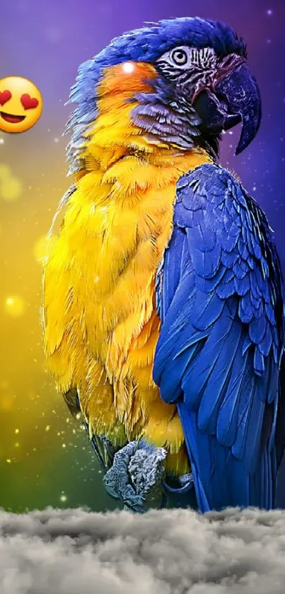 Vibrant parrot perched on cloudy backdrop with colorful gradient.