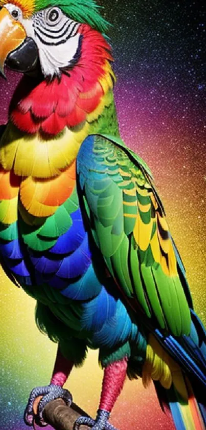 Colorful parrot on cosmic rainbow background, vibrant mobile wallpaper.