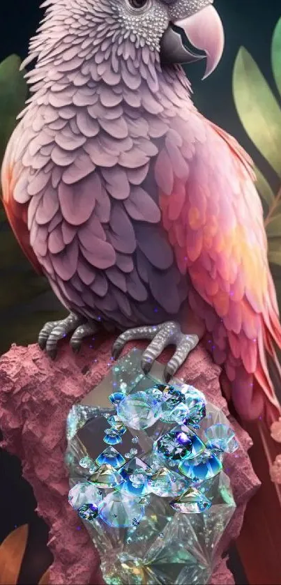 Vibrant parrot perched on a crystal with floral background and green leaves.