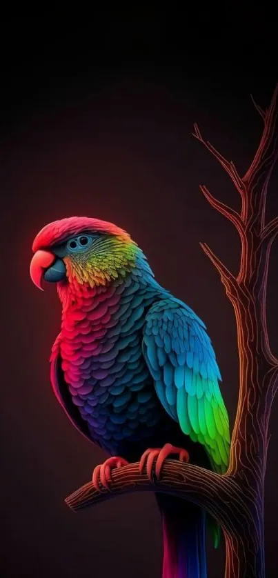 Colorful parrot perched on a branch against a dark background.