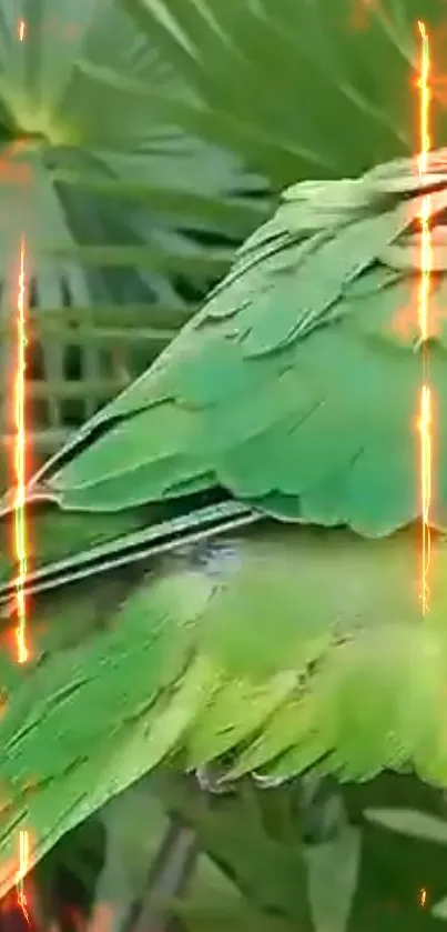 Vibrant parrot with green feathers and fiery background.