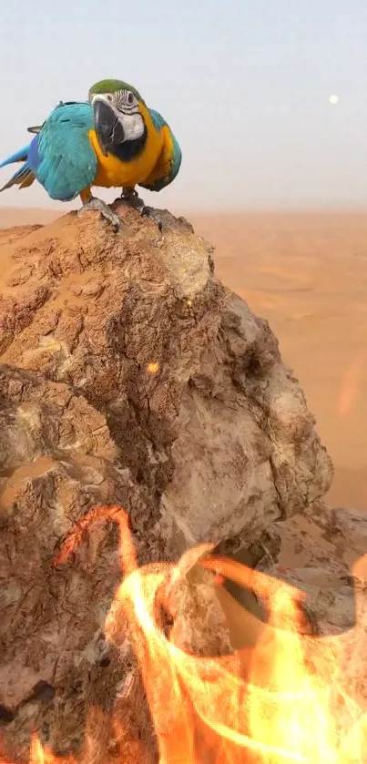 Parrot on rocky cliff with flames in desert landscape.