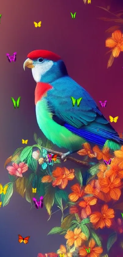 Colorful parrot perched on a floral branch with a gradient background.