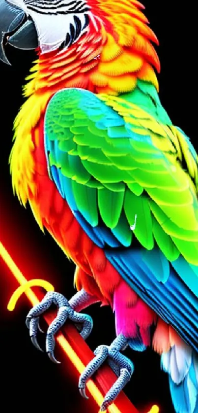 Vibrant parrot with neon background on mobile wallpaper.