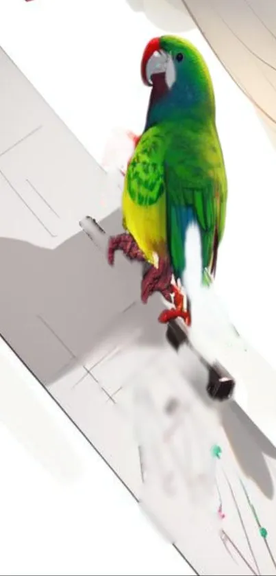 Colorful parrot perched on a skateboard with a white background.