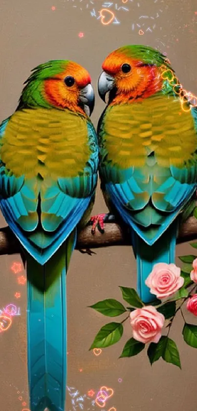 Vibrant parrot pair with roses on a branch, colorful feathers standing out.