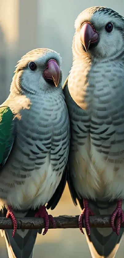 Two colorful parrots perched on a branch with an urban skyline background.