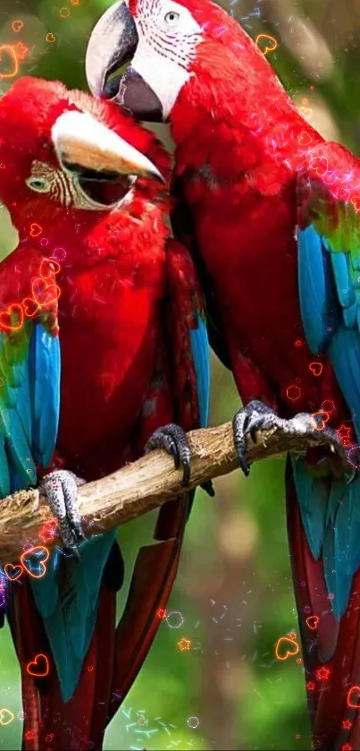Two vibrant red parrots perched on a branch with a lush green background.