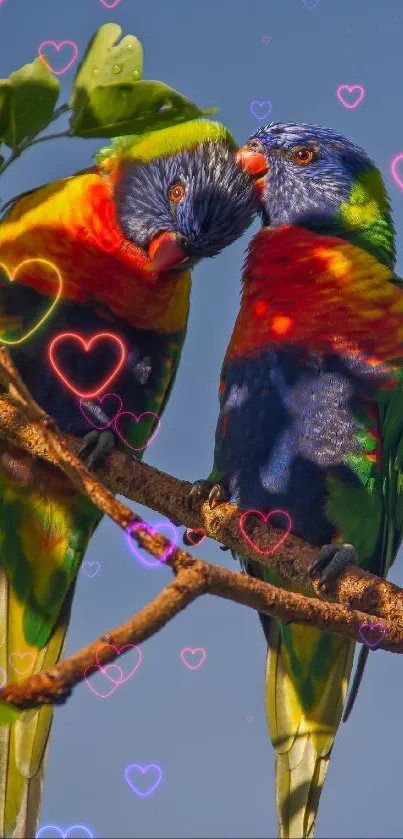 Vibrant parrots perched on a branch with a blue sky background.