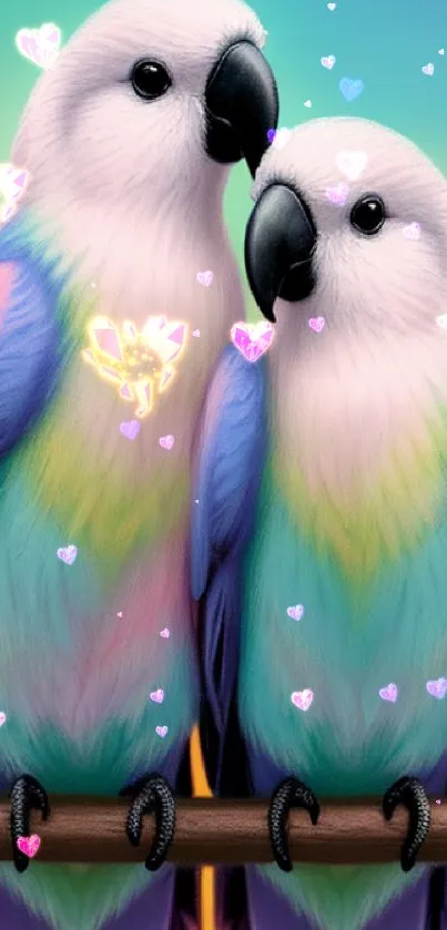 Colorful pastel parrots perched together, vibrant and serene.