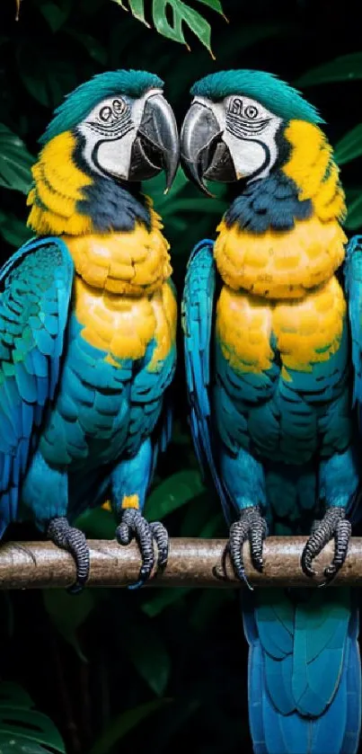 Pair of vibrant parrots against lush green background.