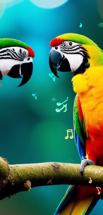 Colorful parrots on a branch with a green blurred background.