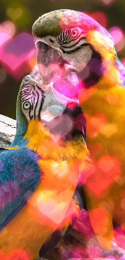 Two colorful parrots perched on a branch with vibrant teal and yellow feathers.