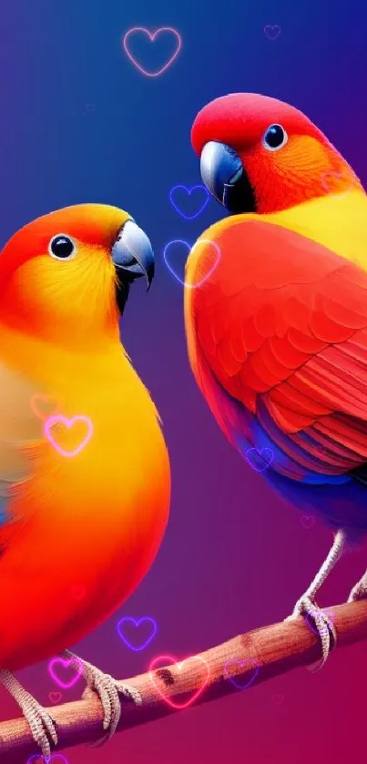 Vibrant parrot pair on a branch in colorful mobile wallpaper.