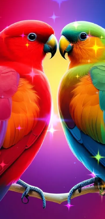 Vibrant parrot pair on a colorful gradient background for mobile wallpaper.