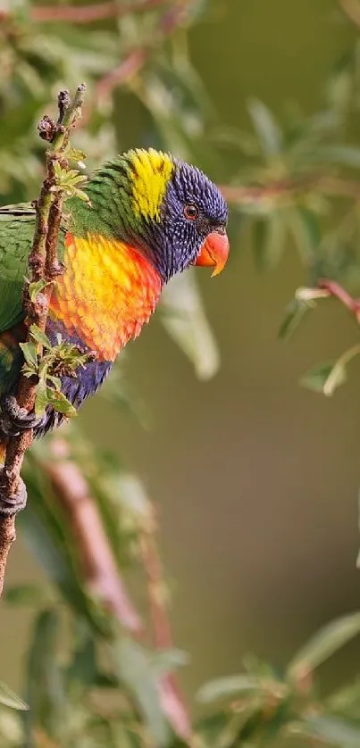 A vibrant parrot perched on a tree branch, showcasing colorful plumage.