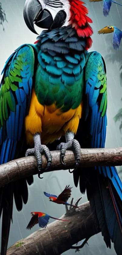 Vibrant parrot with colorful feathers perched on a branch surrounded by nature.