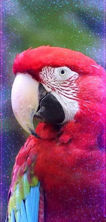 Vivid red parrot with colorful feathers and a sparkling effect as a phone wallpaper.