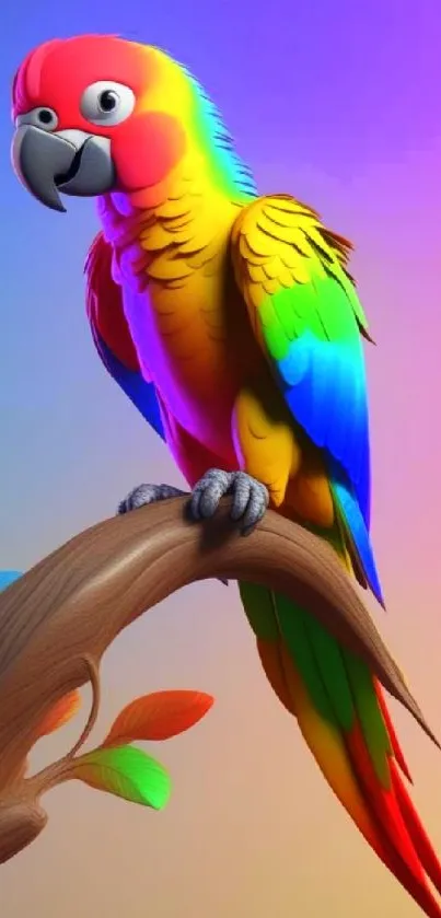 Vibrant colorful parrot perched on a branch with tropical background