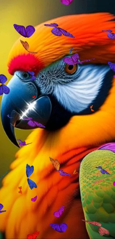 Vibrant parrot with colorful feathers on phone wallpaper.