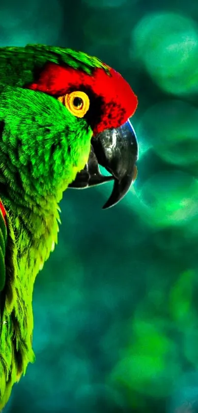 Vivid green parrot with red accents in a lush, bokeh-filled background.