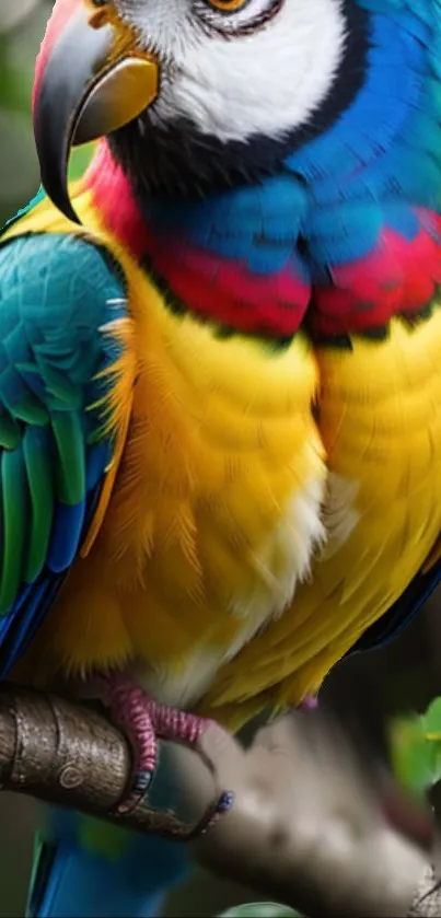 Vibrant parrot with colorful feathers on a branch.