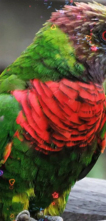 Vibrant green and red parrot perched outdoors.