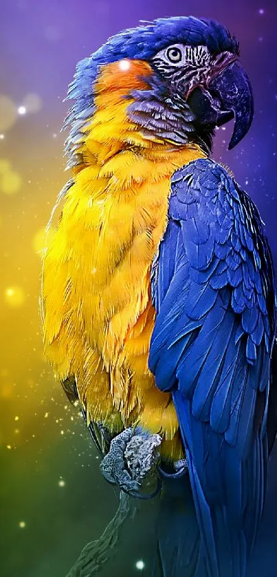 Colorful blue and yellow parrot on vibrant phone wallpaper.