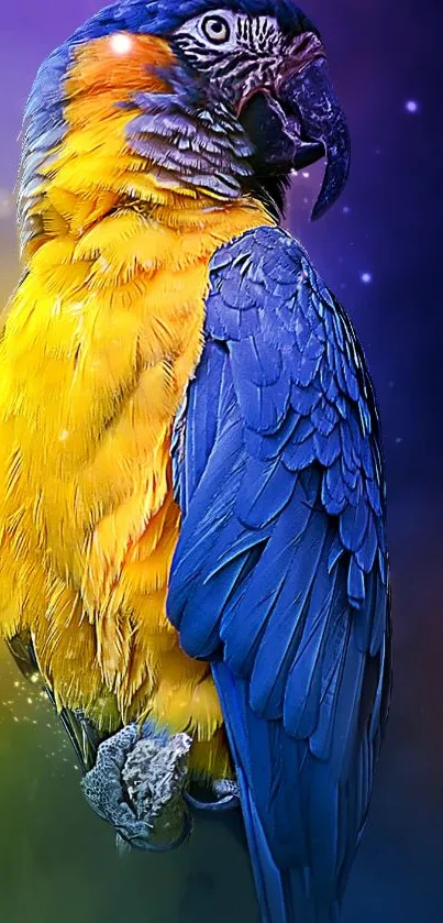 Vibrant parrot with blue and yellow feathers on a dreamy background.