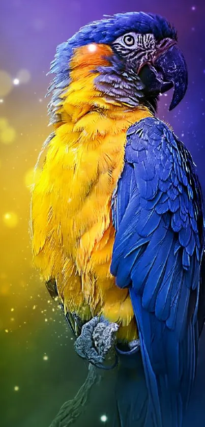 Vibrant blue and yellow parrot on colorful background.