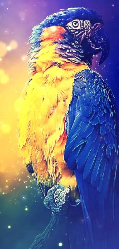 Vibrant parrot with blue and yellow feathers on a colorful background.